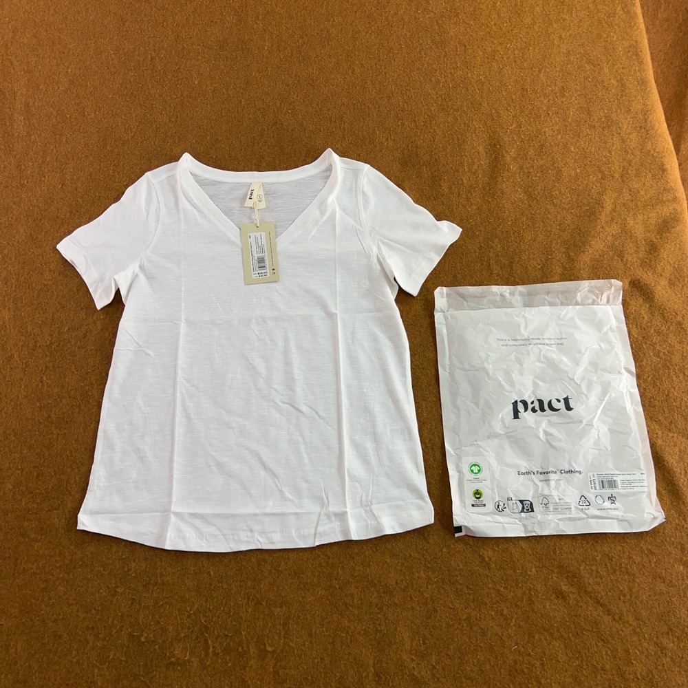 Pact Women Small White Featherweight Slub V-Neck Organic Cotton Tee NWT